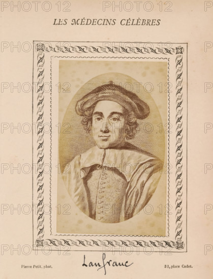 Photo reproduction of a portrait of an unknown man, photograph, reproduction, page, annotation: 'Laufranc', inscription: 'Publication de la Revue de literary médicale, du docteur Felix Bremond, 20, Passage Saulnier, e année.) - No.', photographer: Pierre Petit, after design by anonymous, c. 1871 - c. 1879, paper, albumen print, height 81 mm x width 51 mm, historical persons, adult man, A sepia-toned portrait of a person wearing a beret-style hat and a high-collared garment is centered within an oval frame; the portrait shows curly hair, arched eyebrows, a straight nose, a slight smile, and a detailed buttoned bodice beneath a draped outer garment. The oval portrait is set inside a rectangular decorative border with a braided leaf motif and scalloped inner edge, all on a lightly speckled pale background. The image shows part of a wider page with blank margins around the bordered portrait and faint discoloration spots across the paper.