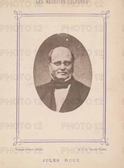 Jules Roux, Portrait of Jules Roux, page, photomechanical print, inscription: '(Publication de la Revue de literary médicale du, D. Félix, Bremond, 20 Passage Saulnier, Paris. No.', photographer: Pierre Petit, c. 1871 - c. 1879, paper, collotype, photoprint, height 63 mm x width 47 mm, Person, historical persons, adult man, A faded portrait of a man in an oval frame centered on a pale textured page, showing a frontal view of his head and upper torso; he has a high forehead, round spectacles, short side hair, and facial hair along his jaw, and he wears a dark jacket with a light shirt and a dark bow tie; the oval portrait is surrounded by a decorative rectangular border with simple corner flourishes in a muted purple color, and the page shows minor spots and aging marks.