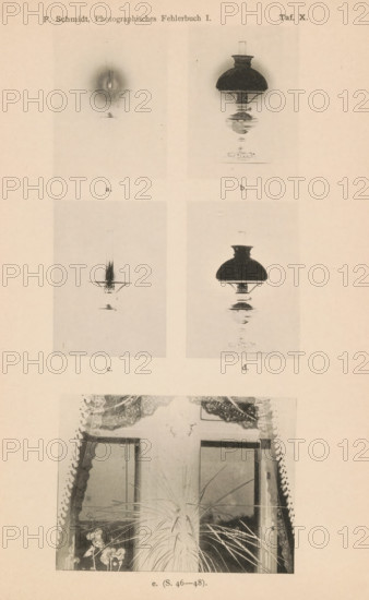 Four examples of images of a lamp on two different types of plates and an example of a correct image of the sky in a window, page, photomechanical print, inscription: 'ab, cd, e. (S. 46-48).', number: 'Taf. X.', c. 1890 - in or before 1895, paper, collotype, photogravure, height 215 mm x width 140 mm, Prints on loose sheets. Sheets in slipcase at the back of the book., oil-lamp, window, A vertically oriented page with a pale background showing two rows of paired photographic images near the top and a larger photographic scene below; the top left image shows a faint darkened oval with a small bright vertical element above a shallow dish shape, and the top right image shows a dark rounded lamp-like shape with a reflective base and ornamental detail beneath; the second row on the left displays a narrow dark vertical streak rising from a shallow bowl shape, and the second row on the right mirrors the lamp-like shape from above with a dark rounded top and reflected base; below these pairs i...