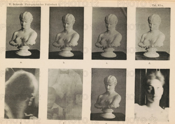 Eight examples of exposure studies and studies of various methods of development, page, photomechanical print, inscription: 'abcd, efgh', number: 'Taf. XI a.', c. 1890 - in or before 1895, paper, collotype, photogravure, height 140 mm x width 215 mm, Prints on loose sheets. Sheets in slipcase at the back of the book., piece of sculpture, reproduction of a piece of sculpture, adult woman, A page divided into a grid of portrait-format photographic panels showing repeated images of a classical bust and close-up human portraits, with four similar bust photos along the top row each framed against a dark background and placed on a pedestal, and four images below including a blurred side profile, a ghosted double-exposure figure, a frontal bust on a pedestal with a darker base, and a high-contrast portrait of a woman with light catching one side of her face; the page has a light paper tone and visible margins around each panel.