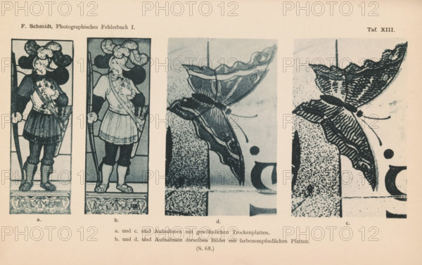 Two examples of results with regular photographic plates and two examples of the same shots on color-sensitive plates, page, photomechanical print, inscription: 'abdc, a. und c. since Aufnahmen with gewöhnlichen Trockenplatten., b. and d. since Aufnahmen derselben Bilder mit farbenempfindlichen Platten., (S. 68.)', number: 'Taf. XIII.', c. 1890 - in or before 1895, paper, collotype, photoprint, height 138 mm x width 215 mm, Prints opposite page 68., adult man, insects: butterfly, A horizontal printed page shows four vertical rectangular illustrations aligned side by side, each framed and separated by pale margins; the two left images depict a stylized figure wearing a decorative outfit with a plumed headdress, a sash across the chest, a skirt-like garment, boots, and a bow held at the side, with ornamental panels beneath the figure, while the two right images show close-up butterfly or moth wing motifs with textured patterns, speckled backgrounds, and portions of large curved shapes at...