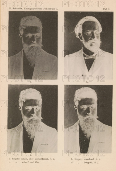 Three examples of an incorrectly exposed negative and an example of a correctly exposed negative, page, photomechanical print, number: 'Taf. I.', inscription: 'ab, cd, a. Negativ scharf, aber verschleiert, S. 1. b. Negativ unscharf, S. 1., c., scharf und klar. d., doppelt, S. 3.', c. 1890 - in or before 1895, paper, collotype, photoprint, height 215 mm x width 140 mm, Prints on loose sheets. Sheets in slipcase at the back of the book., adult man, negative, photography, A page showing four portrait photographs arranged in a two-by-two grid, each portrait depicting a bearded man in a suit jacket against a dark background; the top left image shows the man facing slightly left with a full beard and a dark jacket, the top right image shows the man facing slightly right wearing a light jacket with a visible bow tie and lighter facial hair contrast, the bottom left image shows the man looking down and left with a prominent beard and light jacket, and the bottom right image shows the man looki...