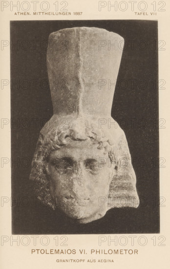 Ptolemy VI. Philometor - Ganitkopf aus Aegina, Granite head of Ptolemy VI Philometor from Aegina, page, photomechanical print, inscription: 'Athen Mittheilungen 1887 Tafel VII', c. 1881 - in or before 1886, paper, collotype, photoprint, height 158 mm x width 110 mm, Print two pages after page 211., Person, Ptolemy VI Philometor (pharaoh of Egypt), sculpture, head (human), A photographic reproduction of a weathered stone head wearing a tall, cylindrical headdress, shown against a dark rectangular background with a light border, the sculpture's facial features and stylized hair visible and the lower portion of the headdress meeting the top of the head.