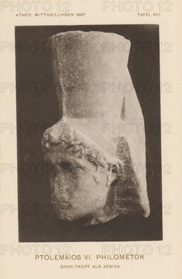 Granite head of Ptolemy VI Philometor from Aegina, Ptolemy VI. Philometor - Ganitkopf aus Aegina, page, photomechanical print, inscription: 'Athen Mittheilungen 1887 Tafel VIII', c. 1881 - in or before 1886, paper, collotype, photoprint, height 158 mm x width 110 mm, Print four pages after page 211., Person, Ptolemy VI Philometor (pharaoh of Egypt), sculpture, head (human), A sepia-toned photograph of a worn stone sculpture showing a side view of a human head and a tall cylindrical headdress, with visible textured stone surfaces and carved hair along the temple and ear, set against a dark rectangular background and surrounded by a lighter border.