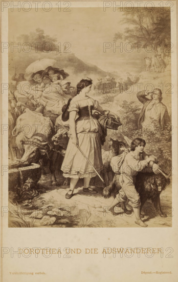 Photo reproduction of a scene from Goethe's Herman and Dorothea, Dorothea und die auswanderer, photograph, reproduction, page, Part of a cover with 21 plates., inscription: 'Kaulbach's Goethe-Gallerie Nr. 6', inscription: 'Vervielfältigung vorbeh. Déposé - Registered., Verlagsanstalt für Kunst und Wissenschaft formals Friedrich Bruckmann in Munich.', annotation: '24.12.94', name: 'Friedrich Bruckmann's Verlag, Munich', after design by Wilhelm von Kaulbach, c. 1880 - c. 1885, Wilhelm von Kaulbach, photographer, after design by, paper, albumen print, albumendruk, height 125 mm x width 95 mm, adult man, literary characters and objects, painting, drawing and the graphic arts, A sepia-toned illustration shows a young woman in a dress standing on a rocky path, holding a long staff and a basket, her hair tied back and a hat hanging on her back; beside her, a barefoot boy leans on a large dog while looking ahead, and a goat stands nearby. To the left, a pair of oxen drink from a stone trough w...
