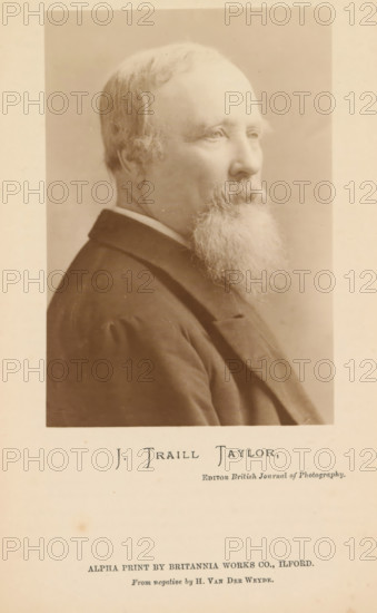 J. Traill Taylor, Portrait of John Traill Taylor, photograph, page, inscription: 'Editor British Journal of Photography, Alpha print by Britannia works co., Ilford', photographer: Henry van der Weyde, c. 1886 - in or before 1891, paper, daylight gelatin silver print, daylight gelatin silver print on Alpha paper, height 120 mm x width 83 mm, Person, John Traill Taylor, historical persons, A sepia-toned portrait of an older man shown in profile facing right, with a receding hairline, short hair at the sides, and a long full beard that extends from his chin downward; he is wearing a dark coat with a visible collar and lapel and a lighter shirt collar underneath, and the portrait is set within a bordered rectangular frame on a lighter background.