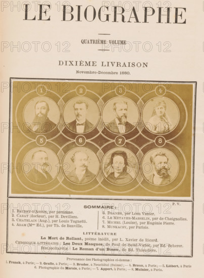 Composite group portrait of eight celebrities, photograph, page, montage photo, number: '1, 8', inscription: 'Sommaire:, Ed. Thiaudière', photographer: François Marie Louis Franck, Paris, photographer: Emile Graffe, photographer: Bruder, Neuchâtel, photographer: Braun, photographer: Alphonse-Justin Liébert, photographer: Marais, photographer: Mulnier, c. 1875 - in or before 1880, paper, albumen print, height 82 mm x width 130 mm, Person, Louise Michel, Mihály Munkácsy, Juliette Adam, Auguste Chatelain, dr. Carat, Léon-Philippe Métayer-Masselin, Draner, Léon-Armand de Baudry d' Asson, historical persons not known by name, A sepia-toned page showing a large rectangular panel with a grid of circular portrait medallions framed by decorative rings, each medallion containing a head-and-shoulders photograph of a person dressed in period clothing; the portraits include men with various facial hair styles and a woman wearing a dress and jewelry, all set against a plain background inside the cir...