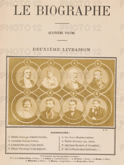Composite group portrait of eight celebrities, photograph, page, montage photo, inscription: 'Sommaire:, (Devillers)', number: '1, 8', photographer: Pascal Sébah, Istanbul, photographer: Walery, Paris, photographer: Pierre Petit, photographer: Achille Mélandri, photographer: Jules Pierre Maury, Angoulême, photographer: Blanc Fils, Numa, c. 1875 - in or before 1880, paper, albumen print, height 82 mm x width 130 mm, Person, Joséphine Daram, Gil Naza, Émile Acollas, Henry Fouquier, Alphonse Marrot, Léopold Delord, Émile Goudeau, Sully Prudhomme, historical persons not known by name, A sepia-toned page showing a large decorative header across the top and a rectangular framed panel below containing a grid of round portrait medallions with photographic head-and-shoulder images of various people, each portrait set within circular borders and connected by ornamental circular patterns, the portraits featuring men and women in period clothing and facial hair styles, some wearing jackets and col...