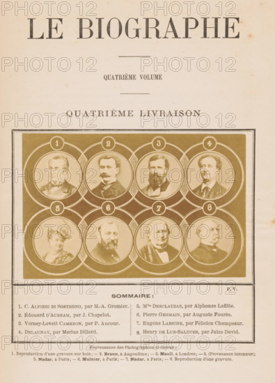 Composite group portrait of eight celebrities, photograph, page, montage photo, inscription: 'Sommaire:, Jules David', number: '1, 8', photographer: Adolphe Braun & Cie., Angoulême, photographer: Maull & Co, London, photographer: Félix Nadar, Paris, photographer: Ferdinand Mulnier, c. 1875 - in or before 1880, paper, albumen print, height 82 mm x width 130 mm, Person, Verney Lovett Cameron, Marie Desclauzas, Eugène Labiche, Louis-Arsène Delaunay, Édouard d'Aubram, Henri de Lur-Saluces, Pierre Germain, Carlo Alfieri di Sostegno, historical persons not known by name, The image shows the top portion of a printed page with a large title centered at the top and a subtitle beneath it, followed by a framed grid of circular portrait illustrations arranged in a rectangular decorative panel; each circular portrait is set within a patterned border and some circles contain small round markers at their tops. The portraits depict head-and-shoulder views of individuals in period clothing and hairstyl...