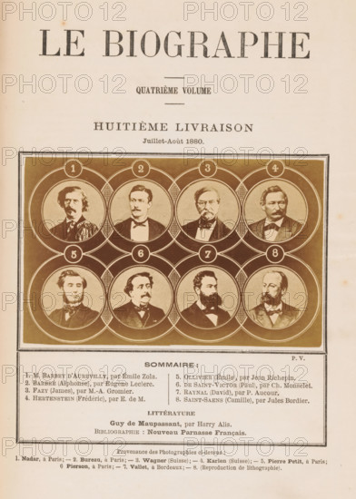 Composite group portrait of eight celebrities, photograph, page, montage photo, number: '1, 8', inscription: 'Sommaire:, Parnasse Français.', photographer: Félix Nadar, Paris, photographer: Bureau Frères, photographer: Wagner, Switzerland, photographer: Karlen, photographer: Pierre Petit, photographer: Louis Pierson, photographer: Vallet, Bordeaux, c. 1875 - in or before 1880, paper, albumen print, height 82 mm x width 130 mm, Person, Émile Ollivier, Camille Saint-Saëns, Paul de Saint-Victor, Jules-Amédée Barbey d' Aurevilly, Alphonse Barbré, James Fazy, David Raynal, Frédéric Hertenstein, historical persons not known by name, The image shows a sepia-toned printed page with a large title at the top and smaller lines of text beneath it, followed by a rectangular framed panel containing a grid of circular portraits arranged in rows, each portrait depicting a man in period dress and facial hair styles, set against a plain background and enclosed by decorative circular borders; below the p...
