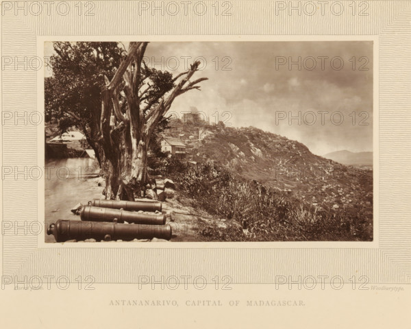 View of Antananarivo, Antananarivo, capital of Madagascar, page, photomechanical print, inscription: 'Africa', inscription: 'Parret photo.', photographer: unknown, cliché maker: Woodbury Permanent Photographic Printing Company, c. 1870 - in or before 1875, paper, pasteboard, Woodburytype, Woodburytypepie, height 100 mm x width 163 mm, city-view in general, 'veduta' (city(-scape) with figures, staffage), A sepia photograph showing a hillside scene with a row of old cannons lying on the ground in the foreground, a large gnarled tree with twisted trunks and branches nearby, a dirt path beside the tree, grasses and low vegetation along the slope, and a cluster of buildings and houses climbing the hill in the middle distance with a larger ornate building near the top; the sky above is cloudy and the image is framed by a patterned border.