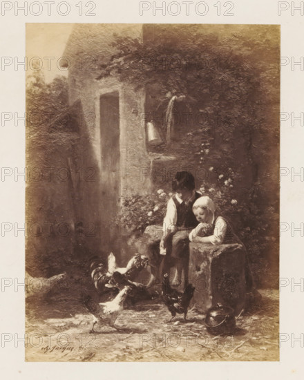 Photo reproduction of Le repas partagé by Ch, Jacques, photograph, reproduction, page, after painting by Charles Jacques, c. 1858 - c. 1863, photographer, paper, albumen print, albumendruk, height 148 mm x width 112 mm, picture, painting, fowl (cock, hen, chicken, etc.), child (at home), A sepia-toned scene shows two children seated on a stone ledge or step beside a rough plaster wall partially covered with foliage and a hanging metal pail; one child wears a dark vest and looks downward while the other, wearing a light bonnet, leans on the stone with folded arms and a contemplative expression; a cluster of chickens and roosters peck and move on the ground in front of them, and a small metal pot with a handle sits nearby on the dirt floor; the background includes textured walls, a doorway, climbing plants, and scattered vegetation.