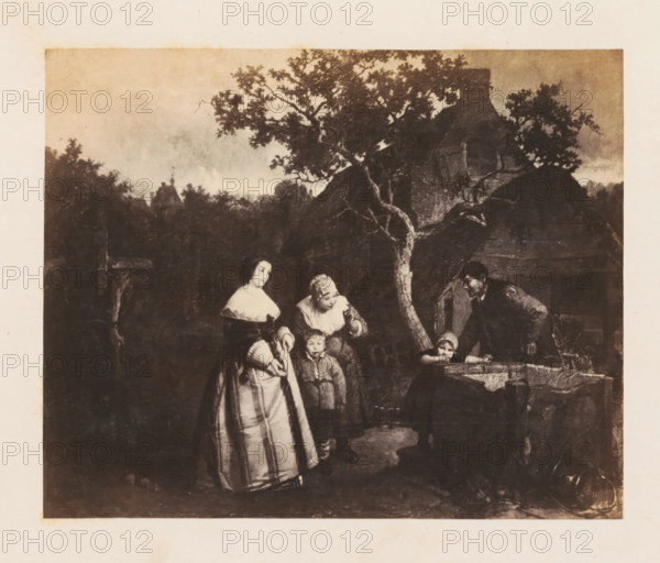 Photo reproduction of La visite de la ferme by Joseph Lies, photograph, reproduction, page, after painting by Joseph Lies, c. 1858 - in or before 1863, photographer, paper, albumen print, albumendruk, height 116 mm x width 144 mm, historical persons, picture, painting, housing, A faded monochrome scene shows a group of people gathered outdoors in front of a large tree and a stone structure, with leafy branches extending across the upper area and a cloudy sky behind them. A woman in a long dress with a light-colored bodice stands to the left, holding a folded item at her waist. A child in a coat stands near her feet, looking forward. An older woman with a head covering leans slightly forward and gestures toward a seated figure at a stone basin, whose head rests on folded arms on the basin edge. A man in simple clothing bends toward the seated figure from the right side, one hand on the basin and the other near his hip. Dark foliage and stonework form the background and lower foreground,...