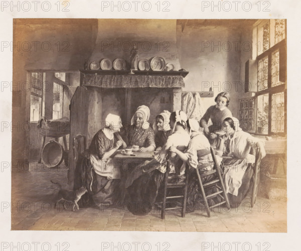 Photo reproduction of Je n'avais que 16 ans by François Antoine De Bruycker, photograph, reproduction, page, after painting by François Antoine De Bruycker, c. 1858 - in or before 1863, François Antoine De Bruycker, photographer, after painting by, paper, albumen print, albumendruk, height 129 mm x width 169 mm, picture, painting, adult woman, kitchen-interior, An interior scene showing a group of people seated around a wooden table in front of a large fireplace with a shelf holding plates and a statue, the figures wearing bonnets and simple clothing, some holding cups and bowls, a young woman standing and serving, a tiled floor, a small dog near the table, a high window with patterned panes and a potted plant on the sill, chairs with woven seats and a cradle or piece of furniture visible in an adjacent room.