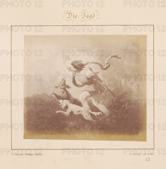 Photographic reproduction of a design of a hunting man with two dogs by J. Carpey, Die Jagd, photograph, reproduction, page, number: '13.', after design by J. Carpey, publisher: Ch. Claesen Éditeur, Berlin, c. 1853 - in or before c. 1858, photographer, paper, albumen print, height 114 mm x width 131 mm, hunting dogs, hunting, chase (sportsman, player, etc. (sports, animals)), A faded rectangular print framed by a double border shows a dynamic scene of a figure in classical-style clothing running with a long staff, a flowing ribbon trailing behind, and two dogs leaping beside the figure, all rendered in soft, muted tones with a textured, painterly background and an aged paper border.