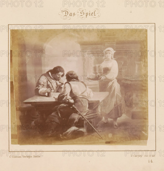 Photographic reproduction of a design of two men playing a dice game by J. Carpey, Das Spiel, photograph, reproduction, page, number: '14.', after design by J. Carpey, publisher: Ch. Claesen Éditeur, Berlin, c. 1853 - in or before c. 1858, photographer, paper, albumen print, height 119 mm x width 142 mm, adult man, dice-games, A faded sepia illustration shows three men seated around a table in period clothing and armor, two leaning toward the tabletop while one rests his head on his hand, a fallen helmet with a plume and a long sword lie on the floor nearby, and a woman in a plain dress and bonnet stands to the side holding a tray with two covered vessels, all set against a backdrop featuring an ornate fireplace and carved wooden furniture within a bordered page.