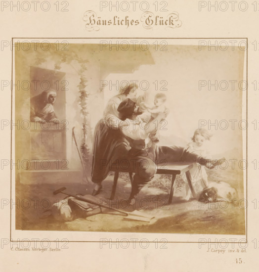 Photographic reproduction of a design of a happy family by J. Carpey, Häusliches Glück, photograph, reproduction, page, number: '15.', after design by J. Carpey, publisher: Ch. Claesen Éditeur, Berlin, c. 1853 - in or before c. 1858, photographer, paper, albumen print, height 121 mm x width 147 mm, family life at home, happy marriage, A faded sepia illustration framed by a thin rectangular border shows a domestic scene with a bearded man seated on a stool holding a baby up toward a woman who leans over him, a little girl seated on a low bench nearby with one leg extended and a small dog lying at her feet, a woman peering from a doorway at the left, climbing plants around the doorway, a wooden bench and scattered tools and clothing on the floor in the foreground, and a light background that fades toward the top and sides.