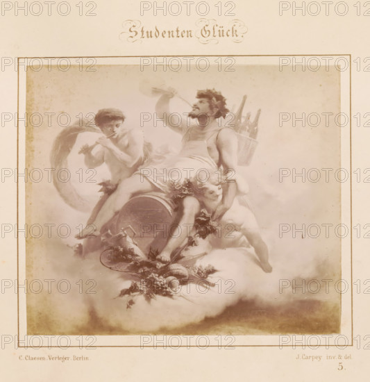 Photographic reproduction of a design of two men and a putti on a wine barrel by J. Carpey, Studenten Glück, photograph, reproduction, page, number: '5.', after design by J. Carpey, publisher: Ch. Claesen Éditeur, Berlin, c. 1853 - in or before c. 1858, photographer, paper, albumen print, height 122 mm x width 142 mm, cupids: 'amores', 'amoretti', 'putti', adult man, wine, alcoholic drinks, A faded sepia illustration shows three partially clothed figures reclining on a rounded surface and surrounded by soft cloudlike forms, one figure wearing a wreath and raising an arm with a bottle while a basket with tall bottles is behind him, another figure near him plays a flute and has winglike shapes behind the shoulders, and a smaller cherubic figure leans against the central figure near a cluster of grapes and foliage that trail downward over the rounded surface.