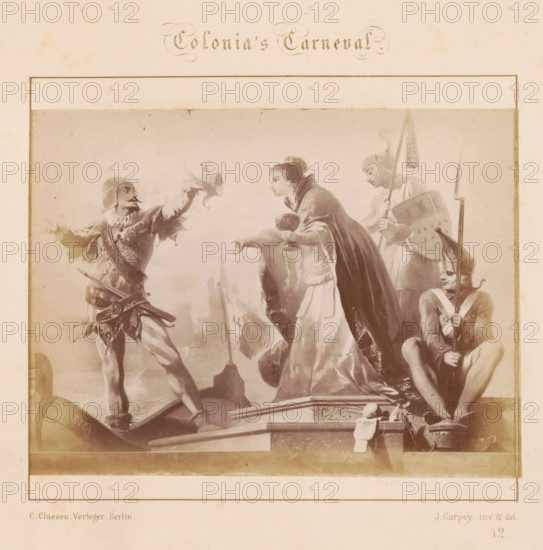 Colonia's Carnival, Photographic reproduction of a design of costumed revelers by J. Carpey, photograph, reproduction, page, number: '12.', after design by J. Carpey, publisher: Ch. Claesen Éditeur, Berlin, c. 1853 - in or before c. 1858, J. Carpey, Ch. Claesen Éditeur, photographer, after design by, publisher, paper, albumen print, height 114 mm x width 152 mm, Carnival, Shrovetide (non-liturgical celebration), dress-up party, A sepia-toned illustration shows four costumed figures on a platform or boat edge framed by a rectangular border, with a decorative script title above and a blank margin below. On the left a jester-like figure with a pointed hat and curled mustache stands in an animated pose extending one arm and holding a hat outward, wearing a ruffled collar and layered, patterned garments with a sash at the waist. In the center a robed woman leans forward holding a goblet and extending a hand, her cloak draping to the ground and layered skirt visible beneath. To her right a h...