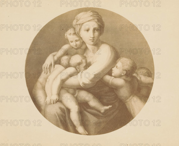 Photo reproduction of an engraving after Charity by Raphael in the Vatican, photograph, reproduction, page, after print by anonymous, after painting by Raphael, c. 1863 - in or before c. 1868, photographer, after print by, paper, albumen print, height 165 mm x width 202 mm, Charity, 'Caritas', 'Carità' (Ripa), one of the Three Theological Virtues, Vatican City, Vatican Museums, A sepia-toned circular illustration shows a seated woman wearing a headscarf and a loose garment holding three young children closely while a fourth child reaches toward her, the figures rendered with soft shading and fine line texture against a plain background.