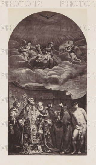 Photo reproduction of an engraving after Collected Works by Titian in the Vatican, photograph, reproduction, page, after print by anonymous, after painting by Titian, c. 1863 - in or before c. 1868, photographer, after print by, paper, albumen print, albumendruk, height 212 mm x width 115 mm, the virgin martyr Catherine of Alexandria, possible attributes: book, crown, emperor Maxentius, palm-branch, ring, sword, wheel, Mary sitting or enthroned, the Christ-child in front of her, lying in her lap (or in front of her bosom), sometimes in Pietà-posture, founder of the Order of Friars Minor (Franciscans), Francis(cus) of Assisi, crucifix, lily, skull, stigmata, the apostle Peter, first bishop of Rome, cock, (upturned) cross, (triple) crozier, fish, key, scroll, ship, tiara, the martyr Sebastian, possible attributes: arrow(s), bow, tree-trunk, the Franciscan monk Antony of Padua, possible attributes: ass, flowered cross, flaming heart, infant Christ (on book), Vatican City, Vatican Museums,...