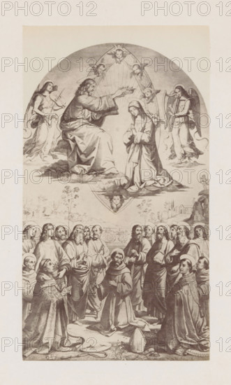 Photo reproduction of an engraving after The Coronation of Mary by Pinturicchio in the Vatican, photograph, reproduction, page, after print by anonymous, after painting by Bernardino Pinturicchio, c. 1863 - in or before c. 1868, photographer, after print by, paper, albumen print, albumendruk, height 201 mm x width 113 mm, coronation of Mary by Christ, Vatican City, Vatican Museums, A vertically oriented grayscale illustration shows a semicircular upper scene and a crowded lower scene. In the upper portion a seated bearded man wearing flowing robes extends a crown toward a kneeling woman with a head covering and clasped hands, both resting on a cloudlike surface; cherub faces form an arch above them and two winged figures flank them playing stringed instruments. The lower portion depicts a group of robed figures standing and kneeling, many with halos and varied facial hair and expressions, gathered closely together on a ground with scattered garments and a pointed hat in the foreground,...