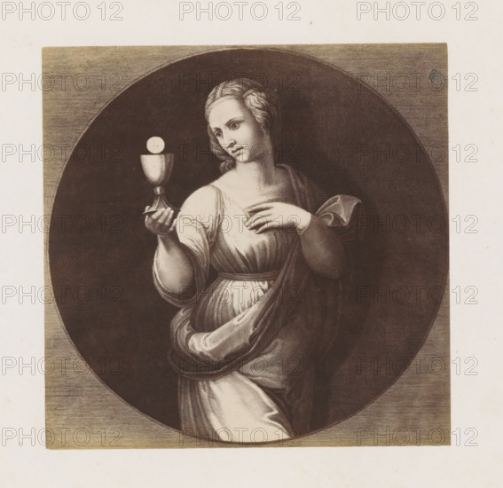 Photo reproduction of an engraving after Faith by Raphael in the Vatican, photograph, reproduction, page, after print by anonymous, after painting by Raphael, c. 1863 - in or before c. 1868, photographer, after print by, paper, albumen print, height 135 mm x width 136 mm, Faith, 'Fides', 'Fede', 'Fede catholica', 'Fede christiana', 'Fede christiana catholica' (Ripa), one of the Three Theological Virtues, Vatican City, Vatican Museums, A monochrome engraved image of a woman shown from the waist up inside a dark circular field within a lighter rectangular border, wearing draped clothing with flowing folds and a sash at the waist, her hair styled and parted with soft waves, one hand raised to her chest and the other extended holding a cup with a round object resting above it, her head tilted and eyes turned toward the cup, the engraving showing fine line shading and crosshatching throughout the figure and background.