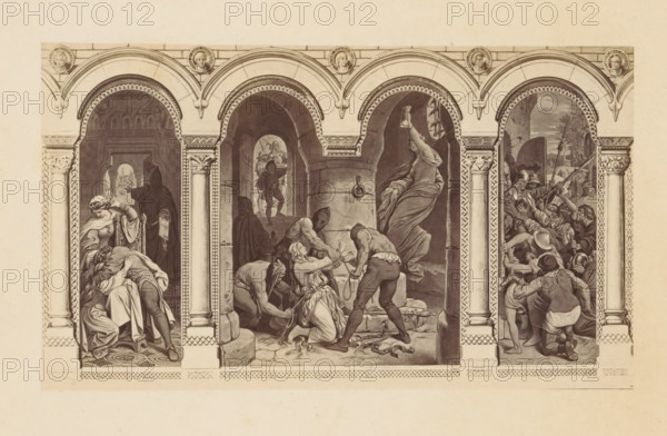 Photo reproduction of a scene from the fairy tale Die Sieben Raben by the Brothers Grimm by Moritz von Schwind, photograph, reproduction, This photo is part of a cover with six photos and a text sheet., number: '5', photographer: Joseph Albert, after print by Moritz von Schwind, c. 1863 - in or before c. 1868, Moritz von Schwind, after print by, paper, albumen print, height 108 mm x width 183 mm, tales and fairy tales, abducting, A wide sepia-toned print shows three tall, arched panels set within a decorated architectural frame with columns and circular portrait medallions above each arch. In the left panel a robed figure wearing a crown or headpiece leans over another figure who is bent forward and supported, while a hooded, dark-cloaked figure stands behind them extending an arm toward the doorway beyond. The central panel depicts a kneeling woman with long hair and draped clothing raised arms and a distressed expression as two hooded men bind her hands with rope and chain near a sto...