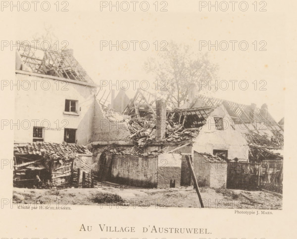 Au Village d'Austruweel, Destroyed houses in Oosterweel after the explosion of a munitions factory on September 6, 1889, page, photomechanical print, number: '15', photographer: Henri Schleusner, Oosterweel, cliché maker: Joseph Maes, 1885-09-06 - 1889-12-12, Henri Schleusner, Joseph Maes, photographer, cliché maker, paper, collotype, photoprint, height 119 mm x width 165 mm, prospect of village, silhouette of village, ruin of a building, architecture, Explosion of a munitions factory in Oosterweel in 1889, A sepia-toned scene shows ruined buildings with collapsed roofs and exposed wooden rafters, broken walls, scattered rubble, and debris. A partially intact multi-story building with a small window stands at one side, its adjacent structures reduced to jagged edges and piles of timber. A tall chimney and remnants of tiled roofing are visible among the wreckage, and a tree with sparse foliage rises behind the destroyed roofs. In the foreground low walls and a rough, uneven ground area ...