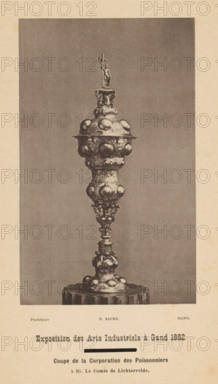 Cup de la corporation des poissonniers, Coupe de la corporation des poissonniers, page, photomechanical print, inscription: 'Exposition des Arts Industriels à Gand 1882, à Mr. Le Comte de Lichtervelde', cliché maker: Edmond Sacré, c. 1878 - in or before 1883, photographer, paper, collotype, photoprint, height 137 mm x width 85 mm, Print opposite title page, mug, beaker, goblet, A tall ornate metal chalice-like object centered against a plain background, featuring a narrow decorative stem rising from a round pedestal base with bulbous rounded protrusions and intricate embossed patterns, above which a wider section with repeated rounded bulges and elaborate relief work forms a large cup topped by a domed lid adorned with more rounded protrusions and a small sculpted figure standing on a decorative finial.