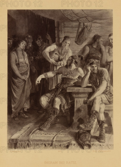 Ingram bei Ratiz, Reproduction of a drawing of a scene by Ingram at Ratiz from Die Ahnen by Gustav Freitag, by Carl Röhling, reproduction, page, photomechanical print, inscription: 'VERVIELFÄLTIGUNG VORBEHALTEN.', photographer: Friedrich Bruckmann, cliché maker: anonymous, after drawing by Carl Röhling, publisher: Paul Bette, Berlin, 1877, clichémaker, paper, Woodburytype, height 214 mm x width 161 mm, inn, coffee-house, public house, specific works of literature, adult man (more than eight persons), A grayscale scene shows a group of people inside a wooden interior with a decorative hanging cloth overhead and a bag suspended from a beam. In the foreground a seated man wearing armor and sandals leans on a carved wooden table while pointing with one hand, another man beside him rests his head on his hand and holds a cup, his legs crossed and boots visible. On the left a standing woman in a draped dress with braided hair looks downward, while behind her several figures in helmets and clo...