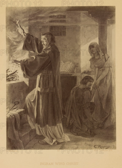 Reproduction of a drawing of a scene with Ingram and Winfried from Die Ahnen by Gustav Freitag, by Carl Röhling, Ingram wird Christ, reproduction, page, photomechanical print, inscription: 'VERVIELFÄLTIGUNG VORBEHALTEN.', photographer: Friedrich Bruckmann, cliché maker: anonymous, after drawing by Carl Röhling, publisher: Paul Bette, Berlin, 1877, clichémaker, paper, Woodburytype, height 214 mm x width 164 mm, specific works of literature, cross as symbol of Christ, adult man (two persons), A monochrome drawing shows an interior scene with a robed man standing by an open hearth, holding a cross aloft with one hand and extending his other hand toward the flames, wearing a long flowing robe and a crown-like headpiece; nearby a woman in a long dress and head covering stands by a table with an open book and reaches down toward a kneeling man who looks up while holding her hand, stone walls and a barred window are visible in the background and household objects and drapery lie around the fl...