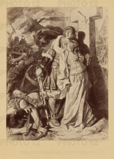Reproduction of a drawing of a scene from Die Ahnen by Gustav Freitag in which Immo saves Hildegard from a fight in the street, by Carl Röhling, Immo rettet Hildegard im Strassenkampf, reproduction, page, photomechanical print, inscription: 'VERVIELFÄLTIGUNG VORBEHALTEN.', photographer: Friedrich Bruckmann, clichémaker: anonymous, after drawing by Carl Röhling, publisher: Paul Bette, Berlin, 1877, paper, Woodburytype, Woodburytypie, height 215 mm x width 164 mm, street-fights, riots, specific works of literature, A monochrome illustration shows a central young man in armor and a cloak standing beside a stone cross while holding a young woman who clings to him with her face turned against his chest; the man's expression is directed upward and his cloak billows behind him. Around them are figures in helmets and armor engaged in a chaotic street conflict, some with raised weapons and shields, and a figure on horseback in the background. In the lower foreground fallen combatants lie on the...