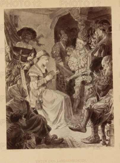 Unter den Landsknechten, Reproduction of a drawing of a scene from Die Ahnen by Gustav Freitag in which Anna reads to a group of men, by Carl Röhling, reproduction, page, photomechanical print, inscription: 'VERVIELFÄLTIGUNG VORBEHALTEN.', photographer: Friedrich Bruckmann, cliché maker: anonymous, after drawing by Carl Röhling, publisher: Paul Bette, Berlin, 1877, paper, Woodburytype, height 216 mm x width 165 mm, reading to somebody, specific works of literature, A detailed monochrome illustration shows a seated young woman in a long dress reading a small book, her hair braided and a shawl over her shoulders. She is surrounded by a group of men in historical clothing, including wide-brimmed hats, feathered caps, puffed sleeves, and boots, some standing and some seated, all facing toward her. One man near the left holds a large flag or banner, another to the right holds a sword with an ornate hilt, and a bearded man nearer the center wears layered garments and appears to occupy a cent...