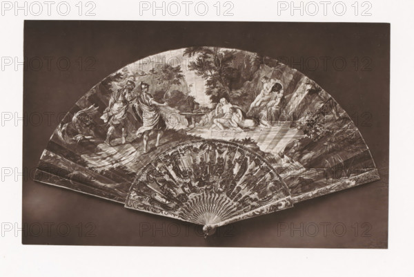 Fan with representations from the poem La Gerusalemme Liberata by Torquato Tasso, installed during the Exposition Rétrospective of 1873 in Tours, France, page, photomechanical print, maker: Gabriel Blaise, Tours, 1873, paper, Woodburytype, height 124 mm x width 203 mm, temporary exhibition, 'Salon', fan, militant proselytizing: religious war, crusade, Period, 1873-05-03 - 1873-05-25, A decorative folding fan is shown fully opened against a dark background, with an ornate carved handle and elaborately patterned guards and sticks forming a semicircular base; the leaf features a detailed classical scene rendered in monochrome tones, including draped figures in flowing garments, reclining nude figures near water, rocky and wooded landscape elements, trees and foliage, and architectural ruins faintly visible in the distance, with intricate shading and fine line work throughout.