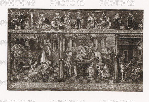 Tapestry depicting the reign of Henry II of France, exhibited during the Exposition Rétrospective of 1873 in Tours, France, page, photomechanical print, maker: Gabriel Blaise, Tours, 1873, paper, Woodburytype, Woodburytypie, height 118 mm x width 197 mm, Person, Henry II (King of France), temporary exhibition, 'Salon', tapestry, Period, 1873-05-03 - 1873-05-25, A wide rectangular engraving depicting an interior scene with a tiled floor and ornate columns supporting an elaborately decorated ceiling, populated by many figures in period clothing engaged in various activities; at the upper border a row of seated men in robes and crowns hold staffs and swords, each framed by decorative panels; below, on the left, a canopy bed with a reclining figure and attendants is visible, while nearby seated women hold infants and domestic objects; central figures include a kneeling child presented at a basin on a table surrounded by standing men and a cleric wearing liturgical vestments; other figures ...