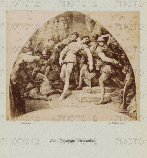Wounded by Jauregui, Photographic reproduction of Wounded by Jauregui by Laurens Lodewijk Kleijn, photograph, reproduction, This photo is part of a cover with eight photos on eight sheets and two text sheets., photographer: L. Wagner, after painting by Laurens Lodewijk Kleijn, c. 1879 - in or before c. 1884, paper, albumen print, height 137 mm x width 167 mm, Person, William I (Prince of Orange), putting out of action by wounding, Antwerp, Period, 1582-03-18, A sepia-toned oval illustration shows a group of figures clustered on and around a set of steps, with a central figure standing upright and leaning slightly backward, supported by another person behind them; several other figures surround them in varied poses, some bending, some reclining, and some standing with arms extended or resting on weapons; the clothing appears historical with tunics, boots, and headgear including a feathered cap on one figure; the scene is framed by a pale background with scattered spots and a textured bo...