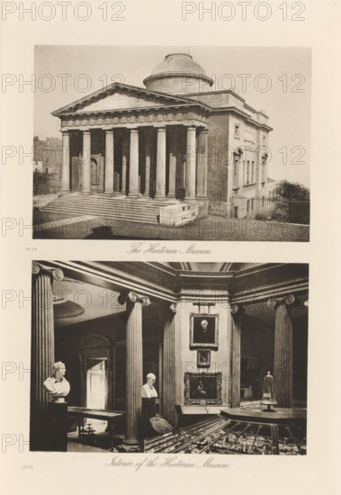 Interior of the Hunterian Museum, Exterior and interior of the former Hunterian Museum, The Hunterian Museum, page, photomechanical print, inscription: 'No.16, No.17', cliché maker: T. & R. Annan & Sons, Glasgow, c. 1886 - in or before 1891, photographer, paper, photoaquatint, height 392 mm x width 295 mm, Print on seventeenth unnumbered page after page iv., permanent exhibition, museum, facade (of house or building), A sepia-toned image shows two scenes arranged vertically on a single sheet; the upper scene depicts a classical stone building with a domed roof and a triangular pediment supported by a row of tall columns, a broad flight of steps leading to the entrance, and a low stone balustrade at the side with a metal fence and some foliage visible beyond; the lower scene shows an interior space with large fluted columns supporting a coffered ceiling, framed paintings on the walls, sculpted busts displayed on pedestals, glass display cases with objects inside, a table and chairs, and...