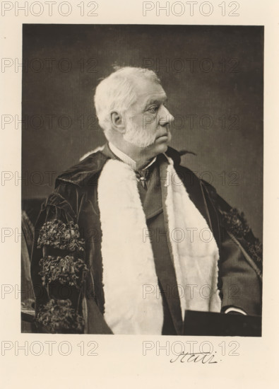 Stair, Portrait of John Dalrymple 10th Earl of Stair, page, photomechanical print, cliché maker: T. & R. Annan & Sons, Glasgow, c. 1886 - in or before 1891, photographer, paper, photoaquatint, height 196 mm x width 151 mm, Print on thirty-ninth unnumbered page after page xxxiii., Person, John Dalrymple (10th Earl of Stair), historical persons, A sepia-toned portrait of an older man shown from the torso up, turned in profile to his right, with short white hair and large sideburns; he is wearing a dark robe with textured embroidered sleeves and a light fur stole draped over his shoulders, a collared shirt and tie visible beneath the robe, and his hands resting out of frame.