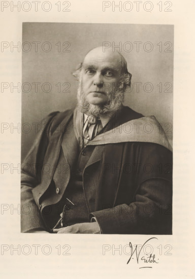 Portrait of John Veitch, Veitch, page, photomechanical print, cliché maker: T. & R. Annan & Sons, Glasgow, c. 1886 - in or before 1891, photographer, paper, photoaquatint, height 189 mm x width 136 mm, Print on second unnumbered page after page 41., Person, John Veitch, historical persons, scholar, philosopher, writer, poet, author, A sepia-toned portrait of an older man shown from the waist up, wearing a dark academic gown draped over a suit and waistcoat, with a light-colored collar or stole across one shoulder; he has a high forehead with thinning hair, bushy sideburns and a short beard framing his jaw, and he gazes directly toward the camera with a neutral expression, one hand resting in his lap and a chain visible near his waist.
