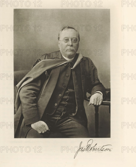 Jacket. Robertson, Portrait of James Robertson, page, photomechanical print, cliché maker: T. & R. Annan & Sons, Glasgow, c. 1886 - in or before 1891, photographer, paper, photoaquatint, height 194 mm x width 145 mm, Print on second unnumbered page after page 87., Person, James Robertson, historical persons, aspects of science in general (portrait of scholar, scientist), A sepia-toned portrait of an older man seated, wearing round spectacles and a mustache, dressed in a dark three-piece suit with a buttoned vest and a draped academic-style robe over his shoulders, one hand resting on his thigh and the other on the arm of a wooden chair, set against a plain backdrop with a wide margin around the image.