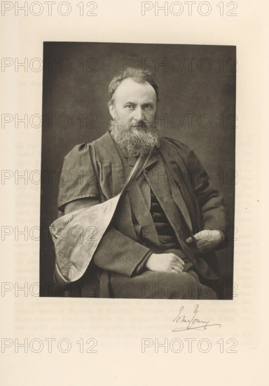 Portrait of John Young, John Young, page, photomechanical print, cliché maker: T. & R. Annan & Sons, Glasgow, c. 1886 - in or before 1891, photographer, paper, photoaquatint, height 192 mm x width 147 mm, Person, historical persons, professor, A sepia-toned portrait of a seated bearded man wearing a dark robe over a patterned suit and vest, with one arm in a light-colored sling and his other hand resting on his lap; he has a full beard and mustache, tousled hair, and a direct gaze, set against a plain dark backdrop and framed by a lighter border.