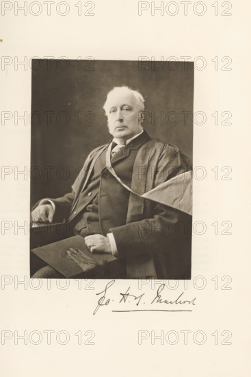 Go. HB Macleod, Portrait of George Husband Baird Macleod, page, photomechanical print, cliché maker: T. & R. Annan & Sons, Glasgow, c. 1886 - in or before 1891, photographer, paper, photoaquatint, height 189 mm x width 140 mm, Person, George Husband Baird Macleod, historical persons, professor, barber, surgeon (portrait of scholar, scientist), A sepia portrait of an older man seated and facing slightly toward the camera, wearing academic robes over a suit and a necktie, with white hair and sideburns and a neutral expression; one hand rests on his lap holding a flat academic cap with a tassel, the other hand rests on the arm of the chair near a small table, and a dark rectangular backdrop frames the upper portion of the image against a wide light border.
