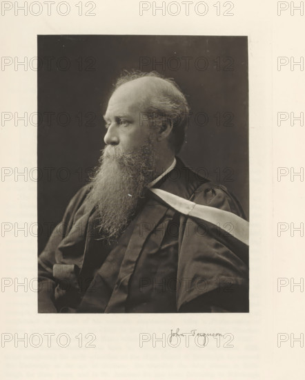 John Ferguson, Portrait of John Ferguson, page, photomechanical print, cliché maker: T. & R. Annan & Sons, Glasgow, c. 1886 - in or before 1891, photographer, paper, photoaquatint, height 195 mm x width 149 mm, Print on second unnumbered page after page 121., Person, historical persons, professor, A sepia-toned portrait of an older man shown in profile facing left, with a high forehead, receding hairline, and a long full beard extending down over his chest; he wears a dark academic robe with a light sash draped over one shoulder, and the background behind him is a dark, plain backdrop within a lighter paper border.