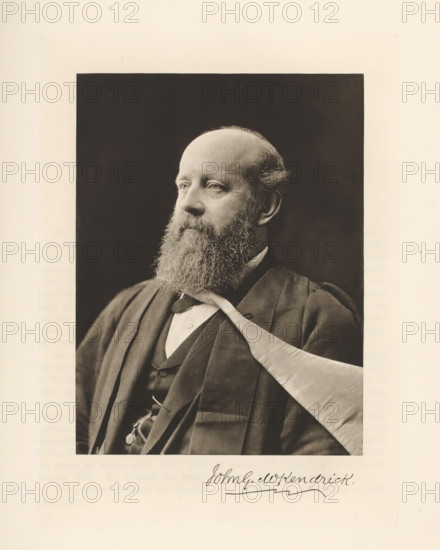 Portrait of John Gray McKendrick, John G. MKendrick, page, photomechanical print, cliché maker: T. & R. Annan & Sons, Glasgow, c. 1886 - in or before 1891, photographer, paper, photoaquatint, height 195 mm x width 147 mm, Print on fifth unnumbered page after page 128., Person, John Gray McKendrick, historical persons, physician, doctor, professor, A sepia-toned portrait of a middle-aged man shown from the chest up against a dark rectangular background, with a full beard and mustache, a high forehead with thinning hair, and a calm, forward-looking expression; he wears a dark formal coat and waistcoat over a white shirt with a bow at the collar, and a light-colored draped cloth across one shoulder, with a pocket watch chain visible at his vest.