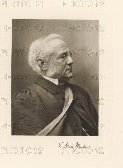 F. Max Müller, Portrait of Max Müller, page, photomechanical print, cliché maker: T. & R. Annan & Sons, Glasgow, c. 1886 - in or before 1891, photographer, paper, photoaquatint, height 187 mm x width 140 mm, Print on twenty-ninth unnumbered page after page 128., Person, Max Müller, historical persons, professor, A sepia-toned portrait of an elderly man shown in profile from the shoulders up, facing right, with light hair combed back and prominent sideburns, wearing round eyeglasses and a dark formal robe with a lighter sash across the chest; the background is plain and darker behind his head, and the image is mounted on a lighter sheet with a wide margin below.