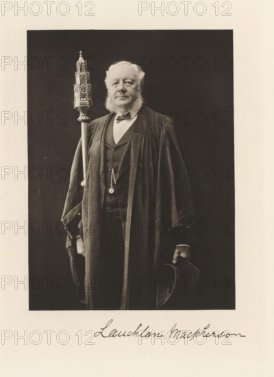 Portrait of Lauchlan Macpherson, page, photomechanical print, cliché maker: T. & R. Annan & Sons, Glasgow, c. 1886 - in or before 1891, photographer, paper, photoaquatint, height 193 mm x width 142 mm, Person, Lauchlan Macpherson, historical persons, A sepia-toned portrait of an older man standing against a dark background, wearing a long dark robe over a suit and bow tie, with prominent sideburns and a neutral facial expression; he holds an ornate ceremonial staff with a decorative top in one hand and a hat in the other, and a pocket watch chain is visible on his vest.