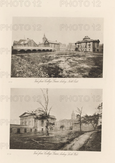 View from College Green, looking South West, looking North East, Two views of the college buildings of the University of Glasgow, page, photomechanical print, inscription: 'No.15, No.14', cliché maker: T. & R. Annan & Sons, Glasgow, c. 1886 - in or before 1891, photographer, paper, photoaquatint, height 392 mm x width 295 mm, Print on fifteenth unnumbered page after page iv., courtyard, university (building, education, tuition), A vertical sheet shows two sepia-toned photographic views of an open grassy area bordered by classical stone buildings; the upper image features a wide open foreground with uneven ground and a low covered arcade along the left edge, behind which sit pitched-roof and towered stone structures and a domed building to the right with steps and a small group of figures near its entrance; the lower image shows a tree-lined path running alongside a lawn toward large neoclassical buildings with columned facades and a domed roof partially obscured by a bare tree in the f...