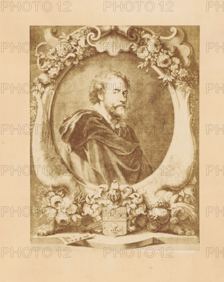 Photographic reproduction of an engraving of a portrait of Peter Paul Rubens by Jean-Marc Nattier, after the painting by Peter Paul Rubens, photograph, reproduction, page, photographer: Dechamps et Cie., after print by Jean-Marc Nattier, after painting by Peter Paul Rubens, c. 1859 - in or before c. 1864, Jean-Marc Nattier, after print by, paper, albumen print, height 199 mm x width 150 mm, Person, historical persons, portrait, self-portrait of painter, A sepia-toned engraved portrait shows a man with curly hair and a beard turned slightly to one side, wearing a draped cloak with visible folds and a decorative collar, positioned inside an ornate oval frame. The oval frame is embellished with floral garlands at the top and sides, a scallop shell motif above the man's head, and scrollwork. Beneath the oval, there is a symmetrical decorative cartouche with acanthus-like scrolls, a small shield, and clusters of fruits and flowers flanking each side. At the lower edge of the image, two paw-...