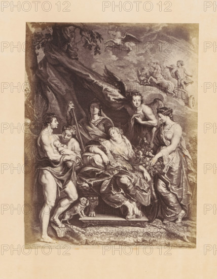 Photo reproduction of an engraving of The Childbirth of Maria de' Medici by Jean-Marc Nattier, after the painting by Peter Paul Rubens, photograph, reproduction, page, photographer: Dechamps et Cie., after print by Jean-Marc Nattier, after painting by Peter Paul Rubens, c. 1859 - in or before c. 1864, Dechamps et Cie., Jean-Marc Nattier, Peter Paul Rubens, photographer, after print by, after painting by, paper, albumen print, height 208 mm x width 158 mm, Person, Maria de' Medici, woman giving birth (lying-in), queen, Fontainebleau, A detailed sepia-toned engraving shows a group of classical figures gathered around a central seated woman draped in flowing robes, one arm resting and her head tilted as another woman in luxurious garments leans toward her offering a cluster of fruit, a partially nude male figure stands nearby holding an infant while another youthful figure embraces the child, an angelic figure with wings looks forward above them and a standing veiled woman holds a staff b...